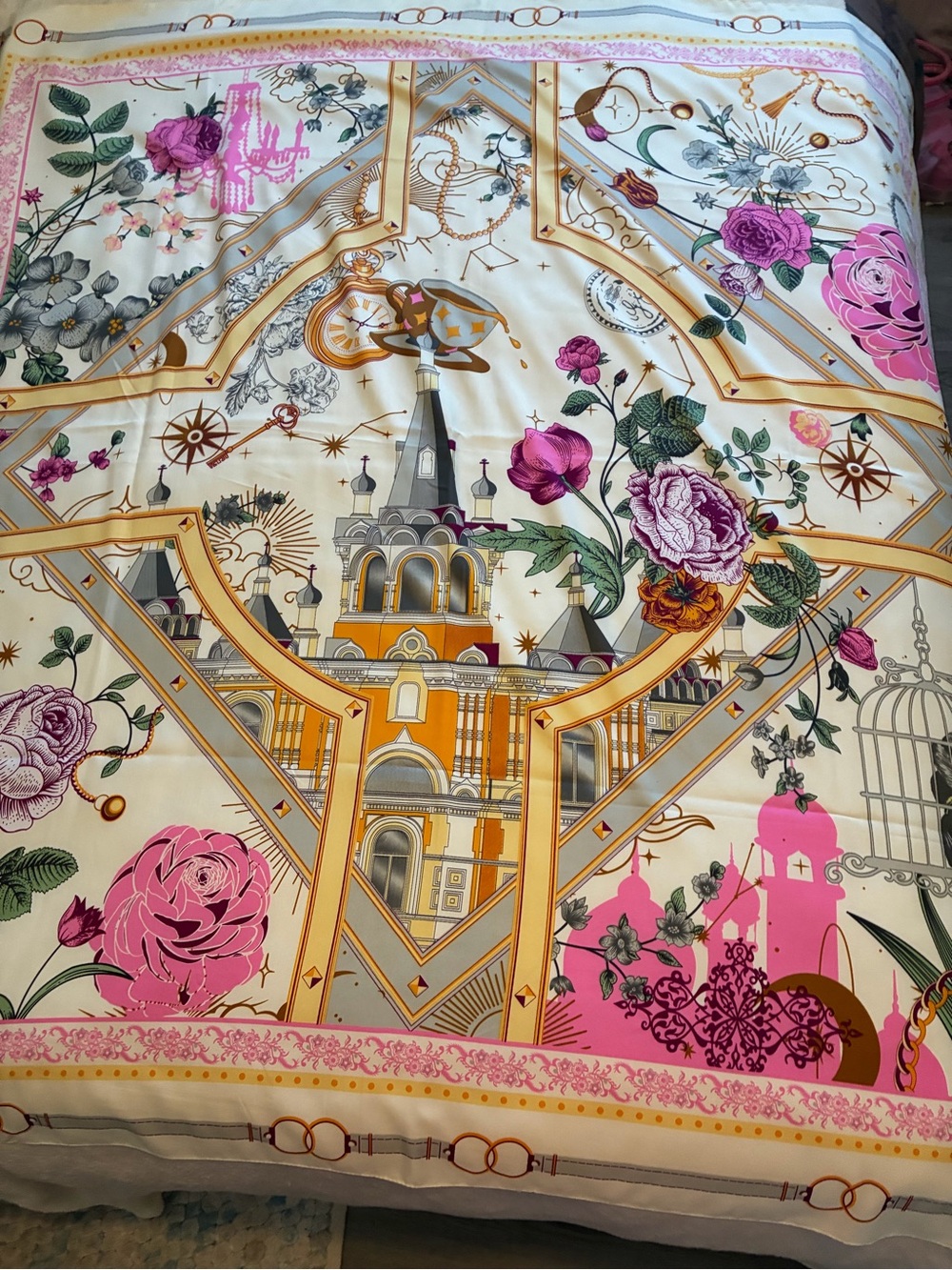 Floral Architectural Silk Scarf Designer Inspired in Pink/Gold 90 x 90 cm